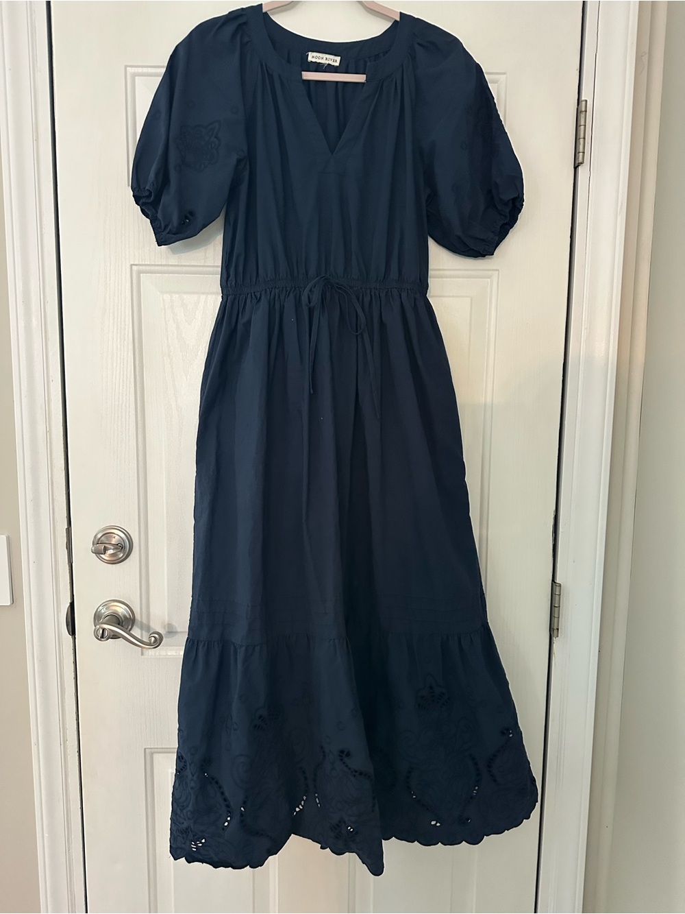 Moon River Navy Blue Macon Midi Maxi Cotton Dress Eyelet Embroidered Small